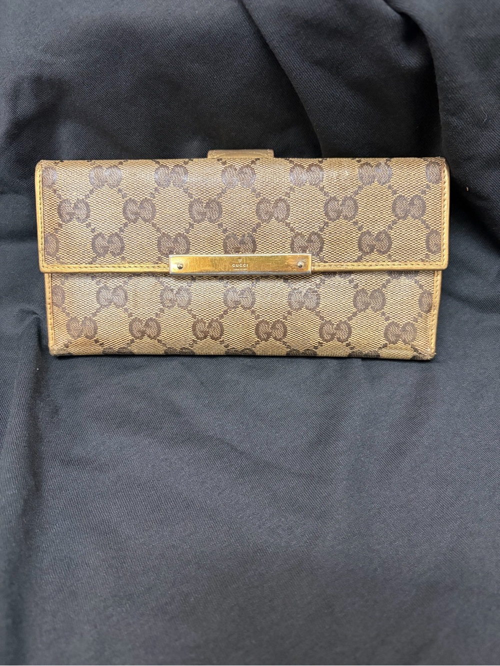 Vintage Gucci GG Canvas Continental Wallet — RARE Gold Leather Trim